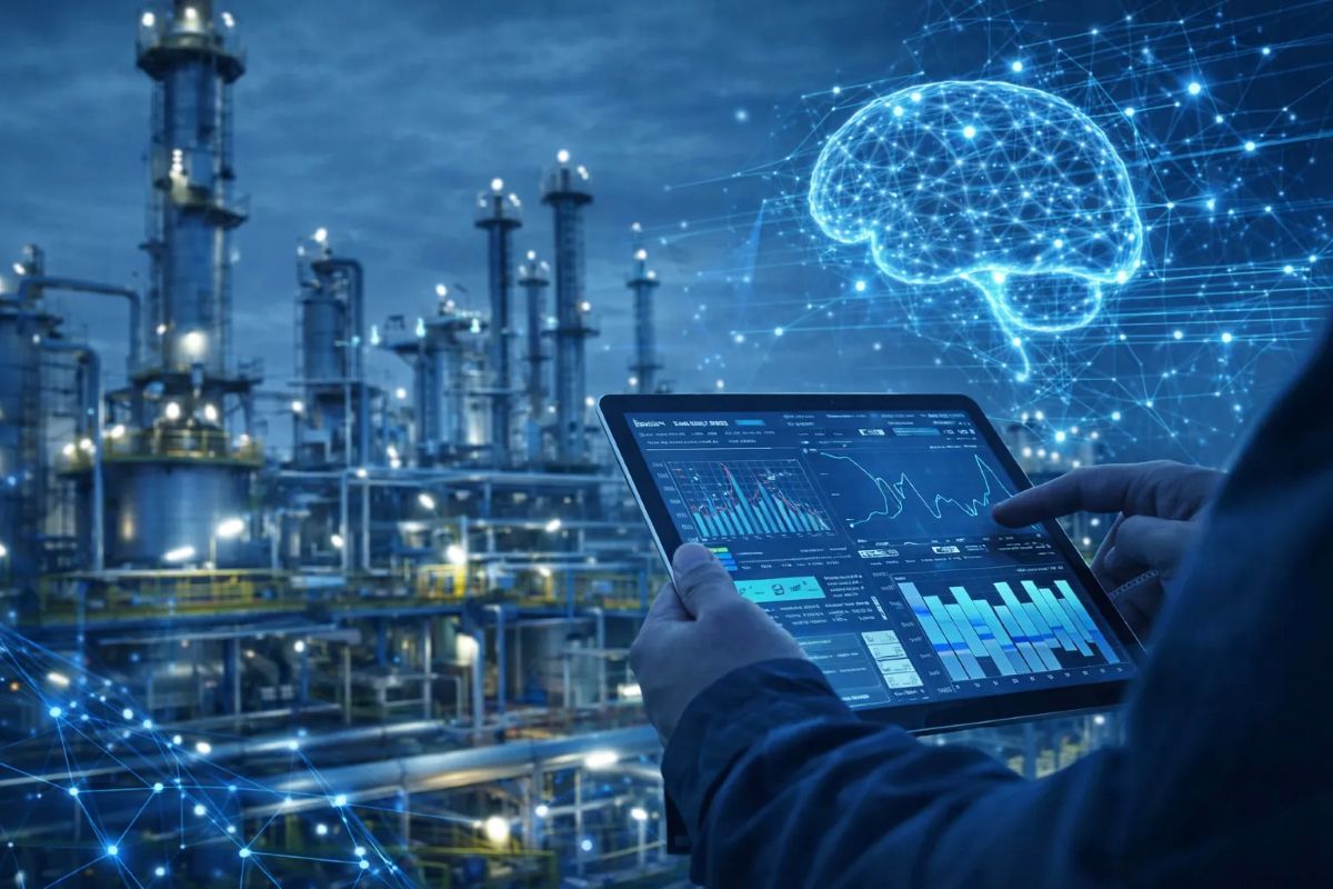 utilities_ai_energy_industry Ingeniero analizando datos en tablet frente a planta energética industrial con inteligencia artificial y análisis digital